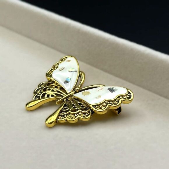 Yellow Gold with Embedded Shell in White Enamel Butterfly Pin Back Brooch - Picture 6 of 7